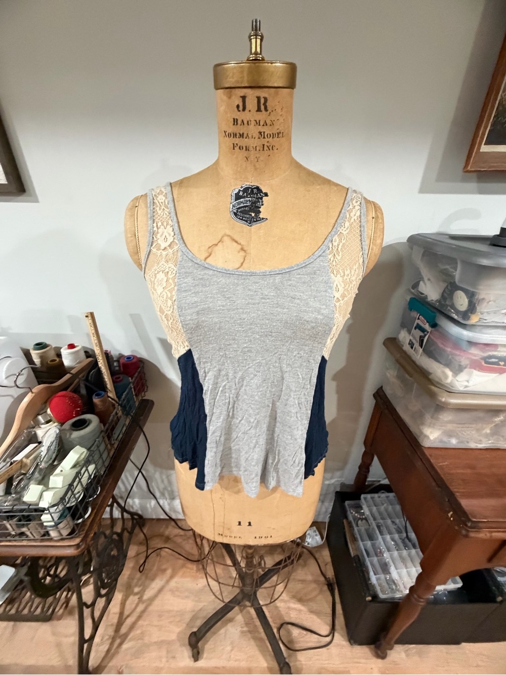 just ginger Grey Tank with Navy Side Panels & Cream Lace
